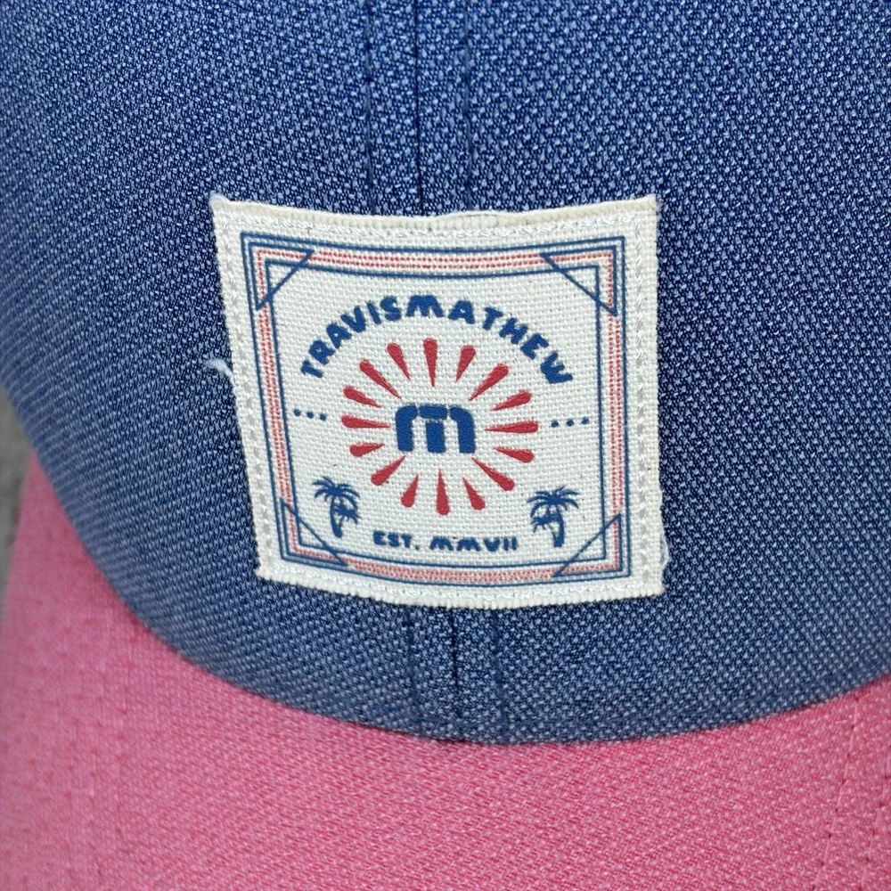 TravisMathew Flexfit 110 Desert Days Snapback Golf Hat Mens Blue Pink Cotton
